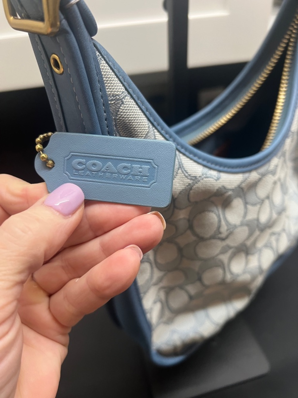 Coach Monogram Shoulder Bag in Light Blue and Cream - Picture 5 of 7